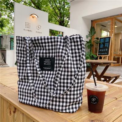 China Student Cotton Linen Fashion Plaid Shoulder Canvas Bag Reuseabke Canvas Folding Shopping Tote Bags for sale