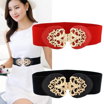 China Wide Elastic Nylon Dress Belt Belt For Women Dress Metal Buckle Belts Ladies Dresses Black Red Waist Belt for sale