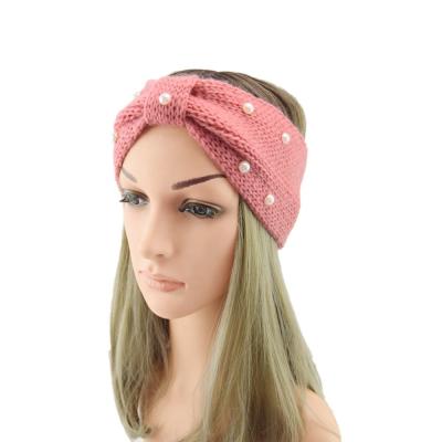 China European And American Style Fashion Pearl Cross Headband For Women Woolen Winter Headwrap Hearing Protection Knitted Hair Accessories for sale