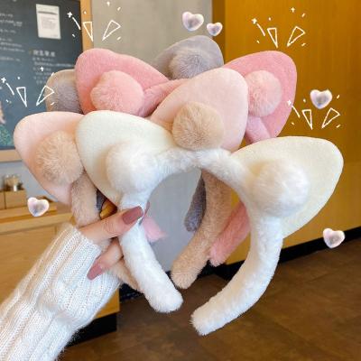 China Lovely Soft Cat Ear Furry Hairbands For Women Face Wash Headband Solid Color Hair Circle Band Girls Wide Hair Accessories for sale