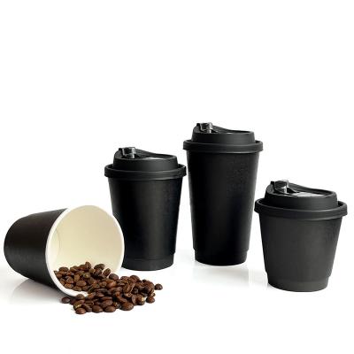 China 8/10/12/16 Ounce Biodegradable Coffee Cup Custom Disposable Eco-friendly Black Paper Double Layer Anti-scald Coffee Cup With Lid for sale