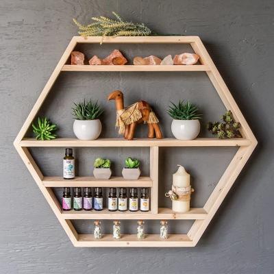 China Custom Multi-Layer Storage Hexagon Shelf Handmade Wooden Wall Mounted Floating Shelves for sale