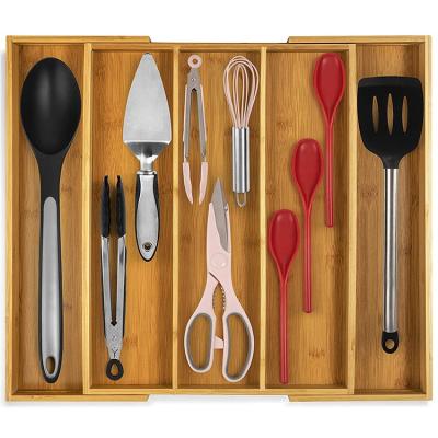 China Handmade Expandable Kitchen Drawer Bamboo Flatware and Silverware Organizer Cutlery Tray for Stylish Kitchen for sale