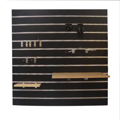 China Moisture Proof Slatwall MDF Slotted Board /15mm 18mm PVC Slot Slat Exterior Wall Panel With Metal Hooks for sale