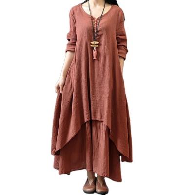 China Breathable Autumn Cotton Color Women Maxi Dress Long Sleeve New False Two-piece Round Neck Loose Plus Size Irregular Dress for sale