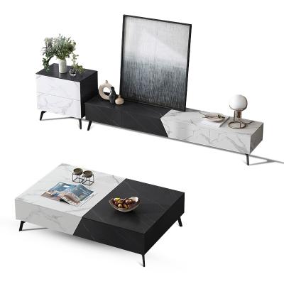 China CJT04 Modern Luxury Combination TV Cabinet And Coffee Table With Two Small Side Drawers Tea Table Black And White Slate TV Stand for sale