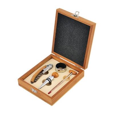 China Custom Sustainable 4pcs Bamboo Wine Corkscrew Set With Square Wooden Box for sale