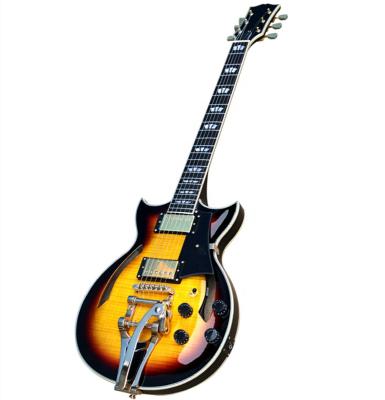 China Exquisite Tobacco Sunburst Huiyuan Electric Guitar with Gold Hardware, Custom Guitar Logo, Semi Hollow Body Guitar for sale