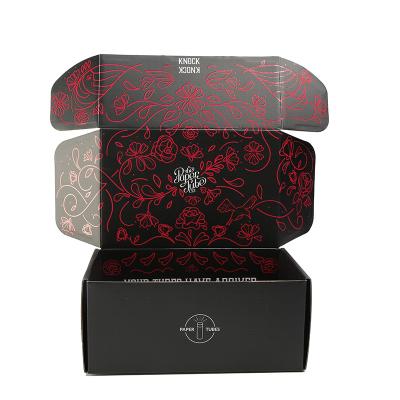 China Recyclable Custom Print Logo Folding Elegant Flower Corrugated Cardboard Gift Boxes Black Shipping Cardboard for sale