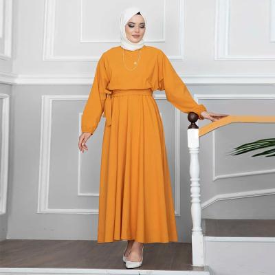 China Modest Women Clothing Bat Sleeve Islamic Muslim Belt Long Sleeve Loose Pleated Solid Color Elegance Muslim Formal Dress for sale