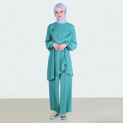 China Viable Custom Made Long Sleeve Blue Front Cross Front Blouses Women Muslim Two Piece Set Solid Color Womens Two Piece Set for sale