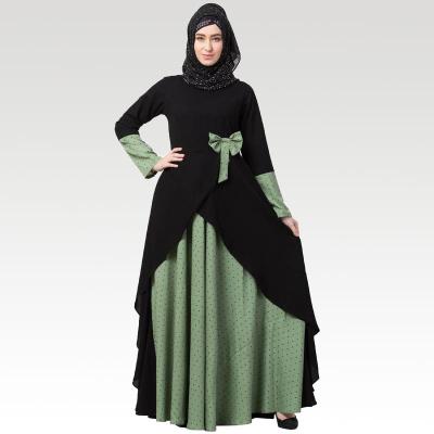 China Muslim Green Black Dotted Sleeve Gathering Abaya Dress Muslim Women Long High Neck Asymmetric Sleeve Ruffles Muslim Dress For Turkish Women for sale