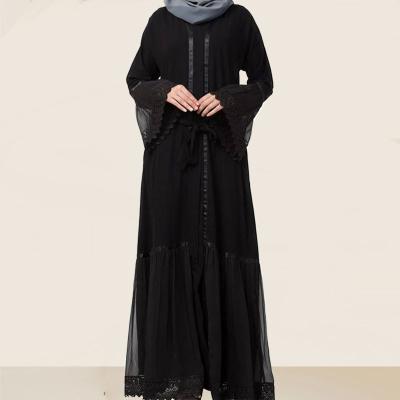 China Maxi abaya muslim wome long abaya women abaya lace georgette dress solid color elegant petal front open loose sleeve for sale