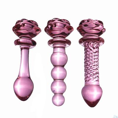 China Pink Rose Flower Shape Glass Dildo Anal Sex Toys For Woman for sale