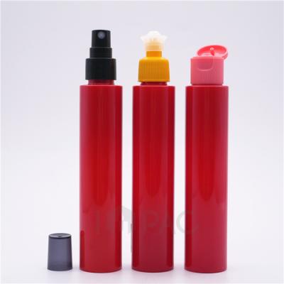 China 100ml Thin Slim Pet Cosmetic Flat Shoulder Plastic Bottle With Lid For Cosmetics for sale