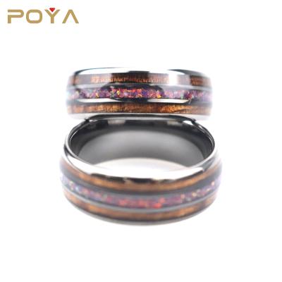 China FASHIONABLE 8mm Domed Silver Tungsten Ring With Double Koa Wood Sided Colored Fire Opal Inlay for sale