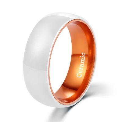 China Na POYA Jewelry 8mm White Ceramic Rings With Orange Anodized Aluminum Inset Mens Womens Wedding Band for sale