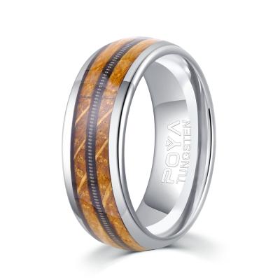 China Poya FASHIONABLE Men's Guitar String Inlay Dome Tungsten Band Whiskey Barrel Silver Wedding Ring 8mm for sale