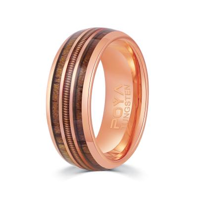 China FASHIONABLE Hawaiian Wood Inlay Rose Gold Dome Tungsten Carbide Ring For Men Poya 8mm Koa Guitar String for sale