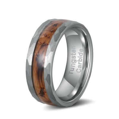 China FASHIONABLE Poya Style 8mm Silver Wedding Band Whiskey Barrel Carbonized Wooden Inlay Hammered Tungsten Ring For Men for sale