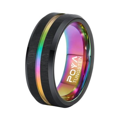 China FASHIONABLE POYA TUNGSTEN Rainbow Ring 8 mm Black Wedding Band Trimmed Edges Comfort Fit LGBT Jewelry for sale