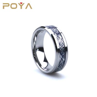 China Silver Blue Poya 8mm Carbon Fiber Inlay Celtic Dragon Tungsten Ring CLASSIC Birthday Gift for sale