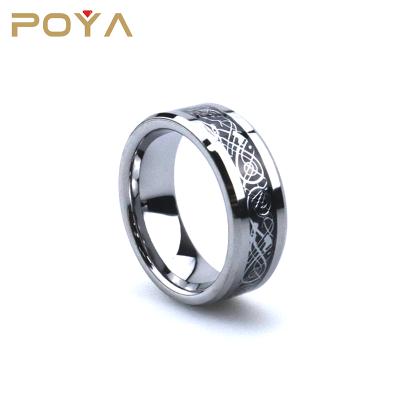 China Poya 8mm CLASSIC Black Carbon Fiber Celtic Dragon Beveled Tungsten Wedding Band Silver Celtic Ring for sale