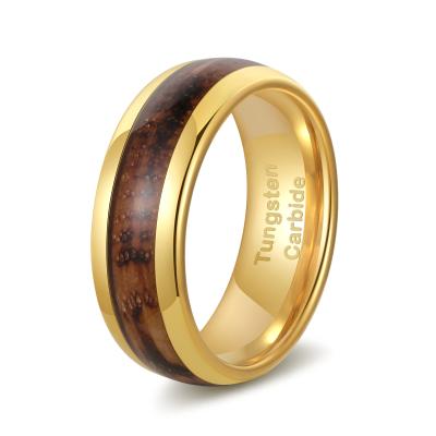 China FASHIONABLE Poya 8mm Mens Jewelry Gold Wedding Plated Whiskey Barrel Arched Charred Wood Inlay Tungsten Ring for sale