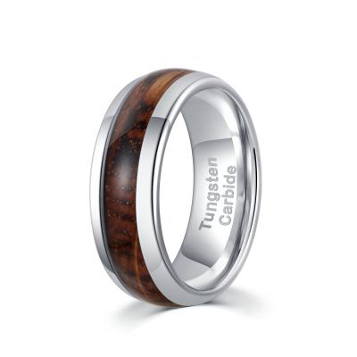 China TRENDY Poya 8mm Tungsten Carbide Silver Base Domed Whiskey Barrel Charred Wood Ring For Wedding for sale