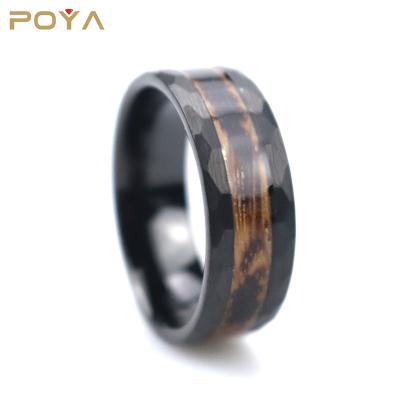 China FASHIONABLE Brushed Black Wooden Ring Inlay With Charred Whiskey Barrel 8mm Hammered Edge Tungsten Carbide for sale