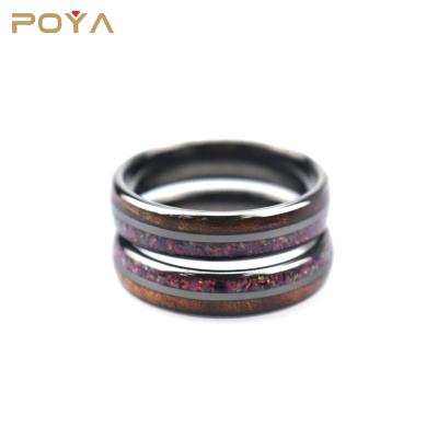 China Wholesale FASHIONABLE Tungsten Ring With Colorful Opal Hawaii Koa Silver Wood Inlay 4mm Dome for sale