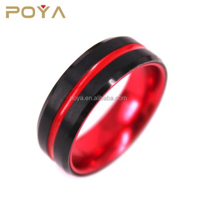 China Black Na POYA 8mm Tungsten Carbide Strip With Fluted Thin Red And Red Anodized Aluminum Ring for sale