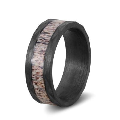 China FASHIONABLE Poya Rare Men's Wedding Band Faceted Real Hammered Edge Deer Antler Rings With Black Carbon Fiber Base for sale