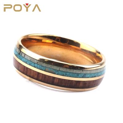 China CLASSIC Trendy Poya 8mm Gold Plated Tungsten Rings With Deer Antler Turquoise Koa Wood Inlay for sale