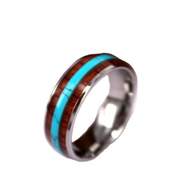 China FASHIONABLE Jewelry Men's POYA Ring Silver Dome Wood Tungsten and Turquoise Inlay Tungsten Wedding Band 8mm for sale