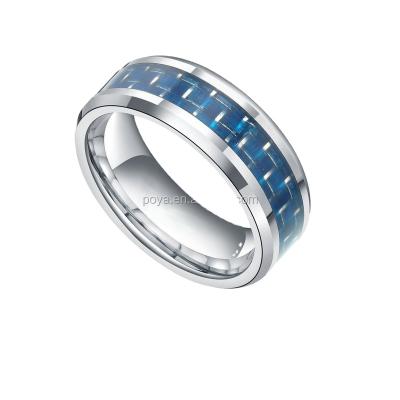 China POYA Jewelry 8mm Romantic Tungsten Metal Ring Blue Carbon Fiber Inlay Wedding Engagement Band Rings for sale