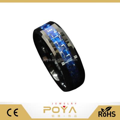 China Marry the & Trendy Engagement Band POYA Jewelry Men Blue And Black Tungsten Ring With Blue Line Carbon Fiber 8mm Thin Wedding Band for sale