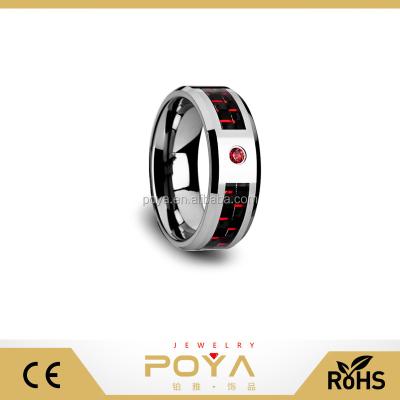 China Marry the & Engament Bands Poya Jewelry 8mmTungsten Ring Black &Red Carbon Fiber Inlay & Red Ruby Setting for sale