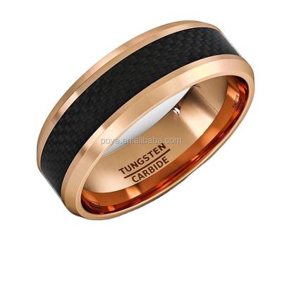 China POYA CLASSIC Jewelry Good Quality Mens Wedding Band 8mm Rose Gold Tungsten Ring Black Carbon Fiber Edges Outdoor Bevel Comfort Fit for sale