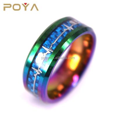 China FASHIONABLE POYA Jewelry 8MM Plated Rainbow Tungsten Carbid Wedding Band Ring For Men, Inlay Blue Fiber and Carbon Heartbest ECG for sale