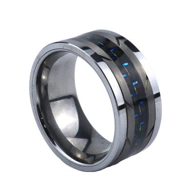 China Poya CLASSIC 12mm Mens Tungsten Ring With Black Blue Carbon Fiber Polished Inlay for sale