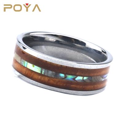 China CLASSIC Flat Shiny Wood Abalone Shell Inlay Silver Tungsten Ring by Poya 8mm Koa for sale