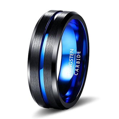 China POYA CLASSIC Jewelry Tungsten Carbide Ring 8mm Black Blue Center Fluted Beveled Edges Mens Wedding Band Comfort Fit for sale