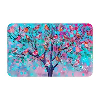 China Cartoon Modern Vivid Colorful Purple And Blue Leaves Flying Garden Tree Birds Bath Mat for sale