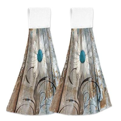 China Retro Autumn Floral Dark Color Rustic Wooden Magic QUICK DRY Daisy Hangable Hand Towel for sale