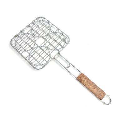 China Corrosion Resistance Square BBQ Grilling Basket with Wooden Handle, Fish Grill Clip Folder, for BBQ Burger, Vegetables, Chicken for sale