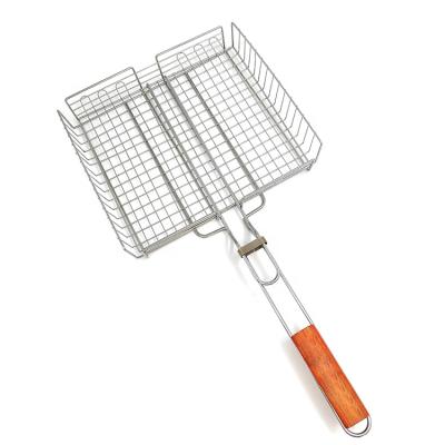 China Large corrosion resistance stainless steel BBQ grilling basket with wooden handle, for barbecue grilling fish, meat, vegetable for sale