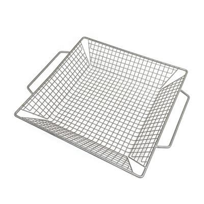 China Easily Cleaned Wire Mesh Grill Basket, Charcoal BBQ Grill Topper Roaster Pan Stainless Steel With Two Handle for sale