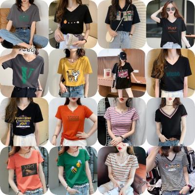 China Anti-wrinkle ladies tops casual fashion printing V-neck T-shirt cotton high quality pure short-sleeved T-shirt various wholesale for sale