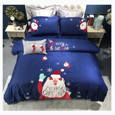 China Anti-pilling 100% Cute Breathable Christmas Santa Claus Cotton Applique Kids Soft Bed Sheet Home Bedding Set Printed for sale